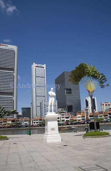 SINGAPORE CITY ASIA May A white stone statue of Sir Thomas Stamford Raffles at Raffles Landing Site on the North Boat Quay riverside walkway