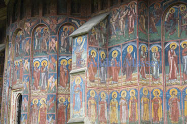 Bucovina Moldavia Romania Europe EU September Wonderful religious paintings on the exterior walls of Moldovita Monastery dating from 1532