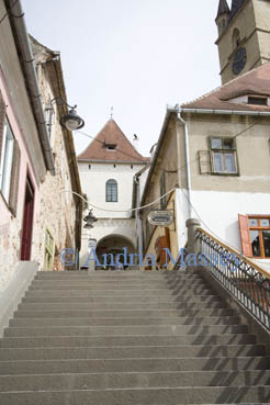 Sibiu Hermannstadt Transylvania Romania Europe September Looking up a set of steps with Sagturm Turnul Scarilor at the top