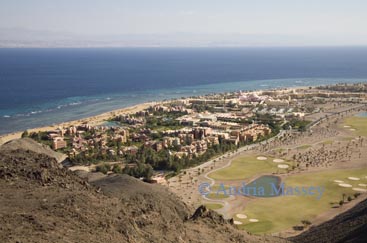 Taba Heights Sinai Egypt North Africa February View down to this purpose built resort on the Gulf of Aqaba from a footpath in the Sinai Peninsula Mountains