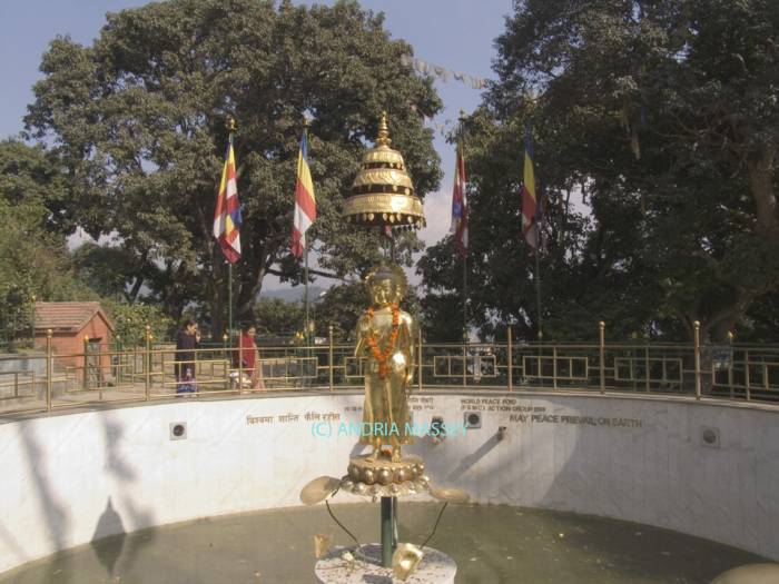 KATHMANDU NEPAL November The Golden statue in the centre of the World Peace Pond at the Swayambhunath Stupa