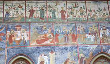Moldavia Romania EU September Religious paintings on the external wall of Sucevita Monastery