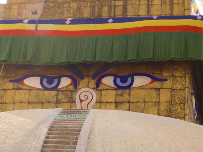 KATHMANDU NEPAL November Buddha's Eyes on  Swayambhunath Buddist Stupa -the sign underneath represents the unity of the universe