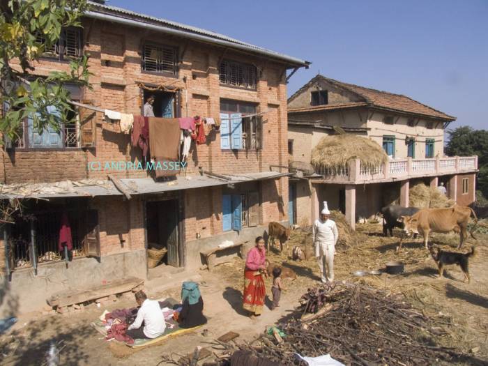 DHULIKHEL VALLEY NEPAL November A typical Newari family home with animals living on the ground floor, the living quarters on the first floor & the store room on the second 