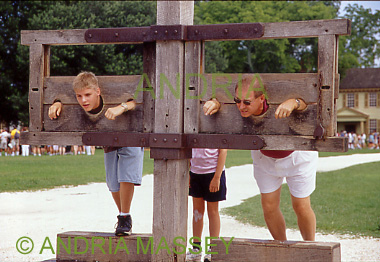 VIRGINIA USA
In the stocks outside the Courthouse in Colonial Williamsburg based on 1775