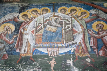 Bucovina Moldavia Romania Europe EU September Wonderful religious paintings on the exterior walls of Moldovita Monastery dating from 1532 