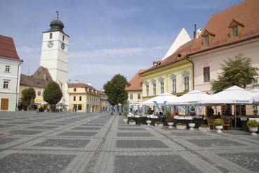 Sibiu Hermannstadt Transylvania Romania Europe September View across Piata Mare towards the Council Tower - Turnul Sfatului and the statue of Gheorghe Lazar