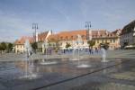 Sibiu Hermannstadt Transylvania Romania Europe September The water feature in the traffic free Piata Mare the historic city centre square