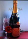 Champagne bottle flute and a red rose on a dark background