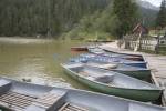 Moldavia Romania EU September Rowing boats for hire tied to the wooden jetty on Red Lake