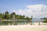 SINGAPORE ASIA May A rope bridge for people to cross to two wooden lookout towers from the lovely clean Silosa beach on Sentosa Island