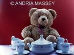 Teddy sitting at a table surrounded with crockery